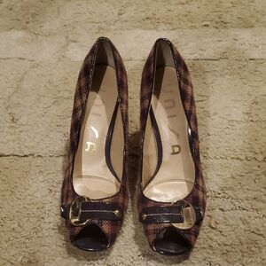 Unisa Brown Plaid Peep-Toe Heels